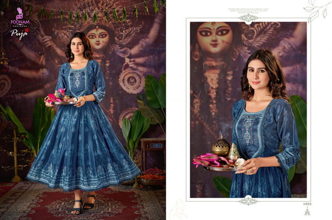 Puja By Poonam Natural Crepe Digital Printed Long Anarkali Kurti Wholesale Shop In Surat